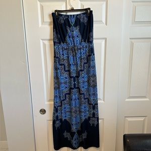 BCX Blue Pattern Strapless Maxi Dress (L)